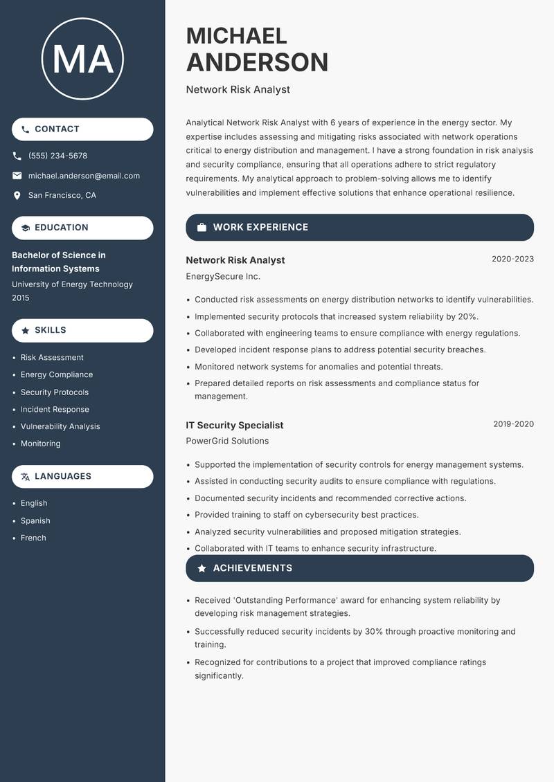 Network Risk Analyst resume sample — Network Risk Analyst focus