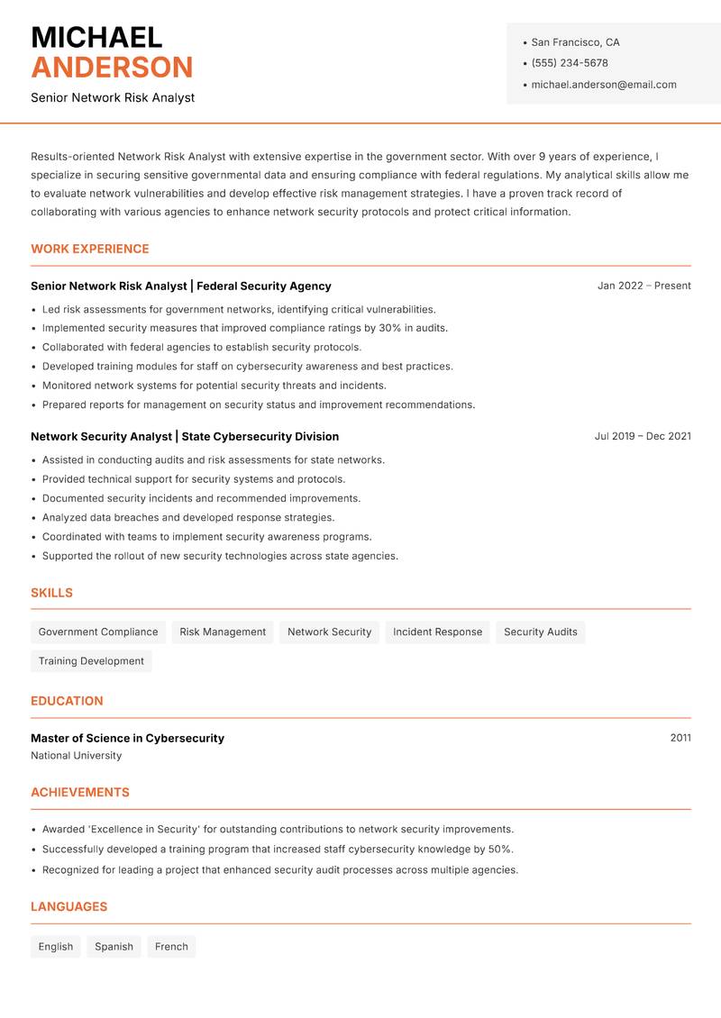 Network Risk Analyst resume sample — Senior Network Risk Analyst focus