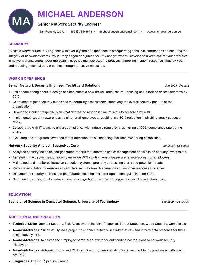 Network Security Engineer resume example