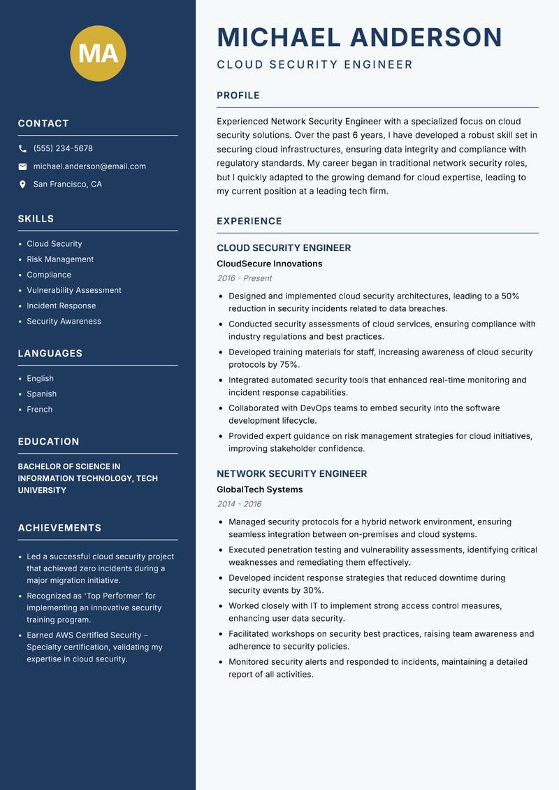 Network Security Engineer resume sample — Cloud Security Engineer focus