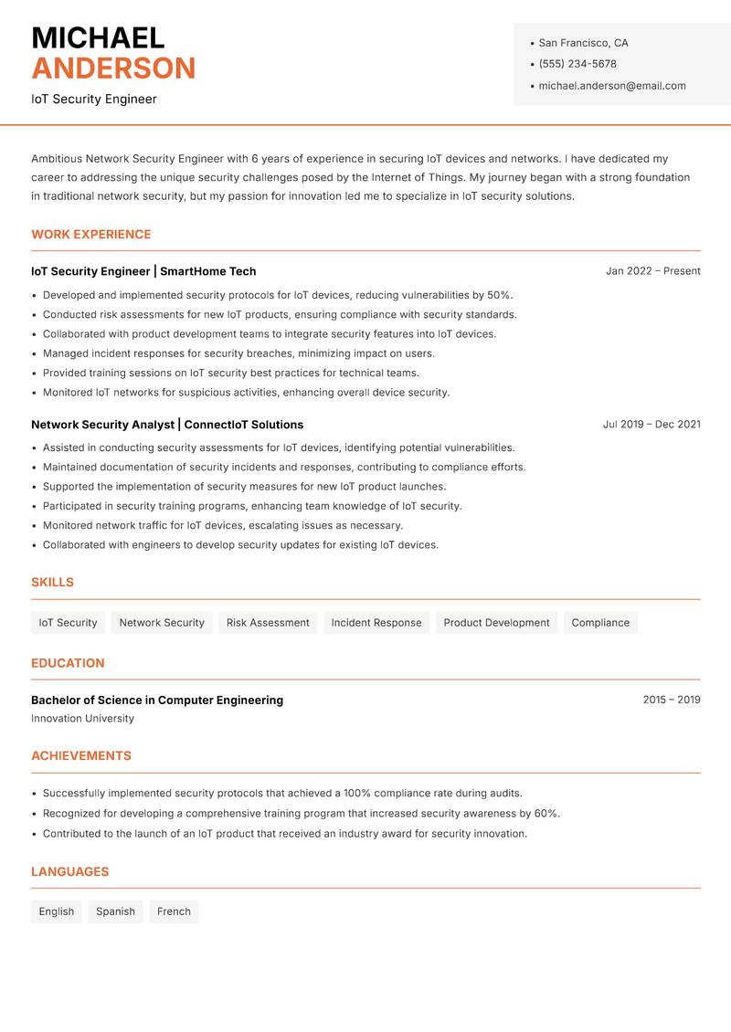 Network Security Engineer resume sample — IoT Security Engineer focus