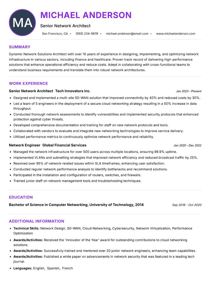 Network Solutions Architect resume example