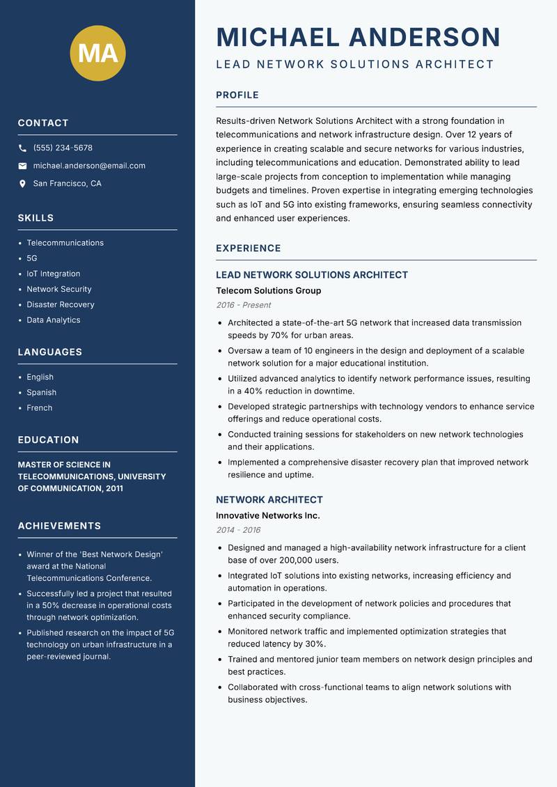 Network Solutions Architect resume sample — Lead Network Solutions Architect focus
