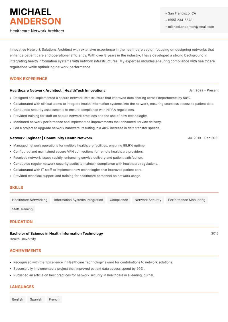Network Solutions Architect resume sample — Healthcare Network Architect focus