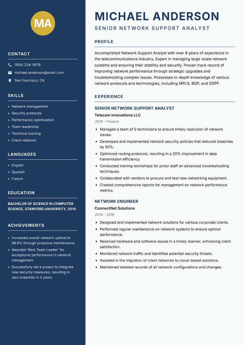 Network Support Analyst resume sample — Senior Network Support Analyst focus