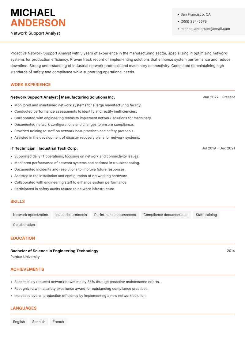 Network Support Analyst resume sample — Network Support Analyst focus