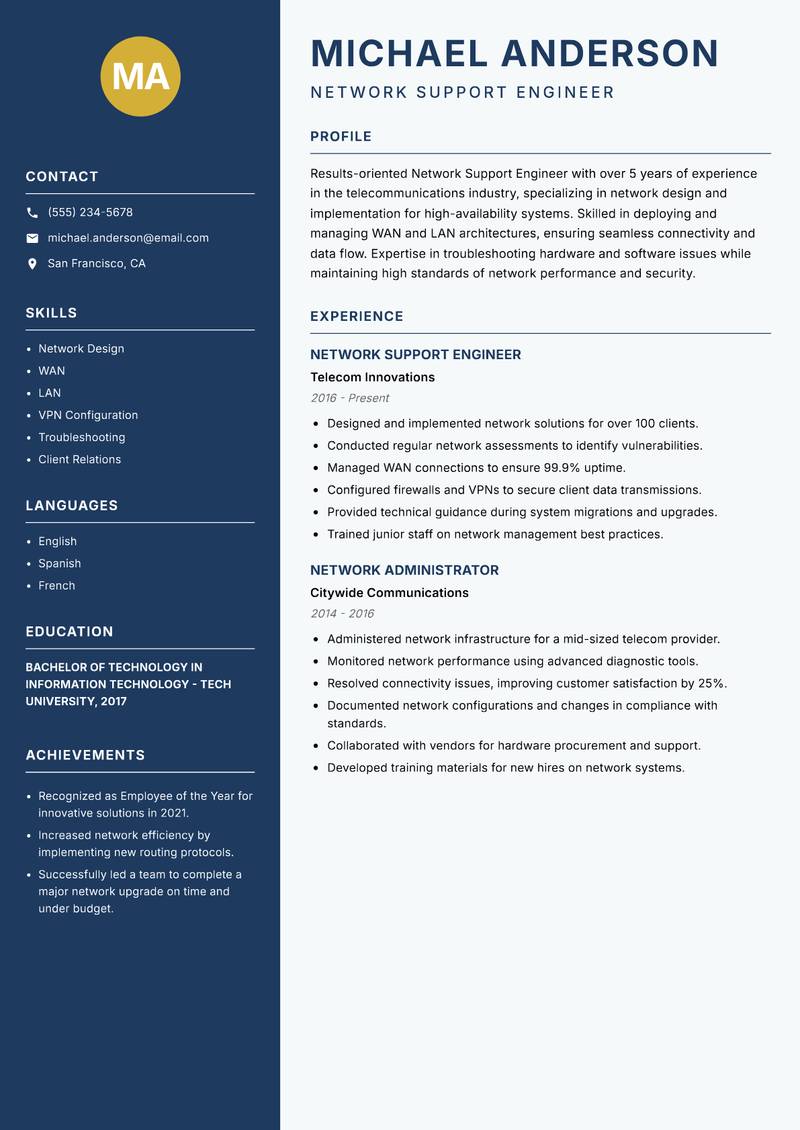 Network Support Engineer resume sample — Network Support Engineer focus
