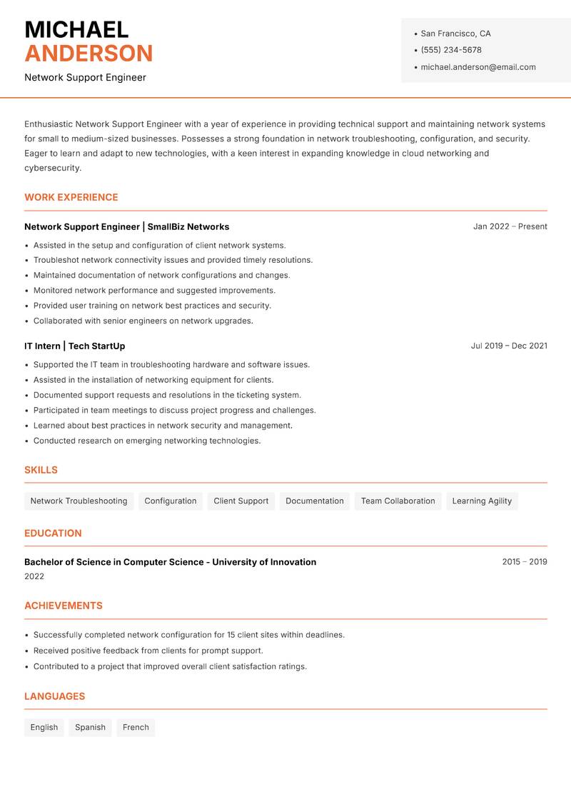 Network Support Engineer resume sample — Network Support Engineer focus