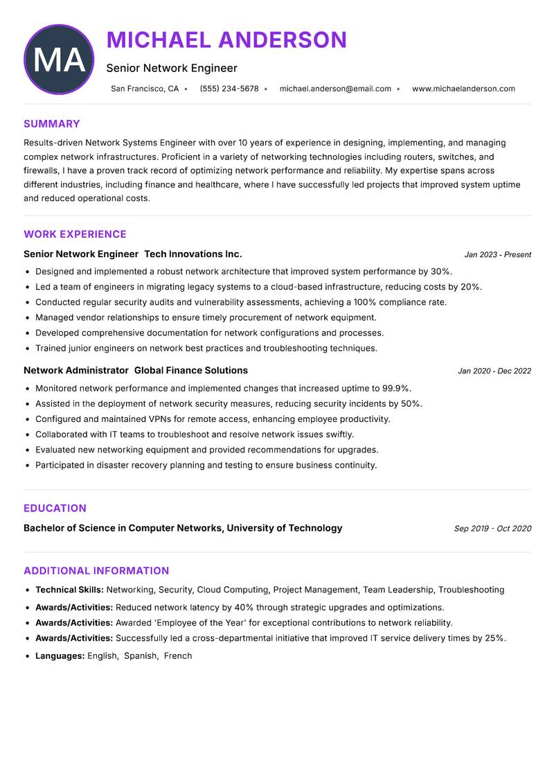 Network Systems Engineer resume example