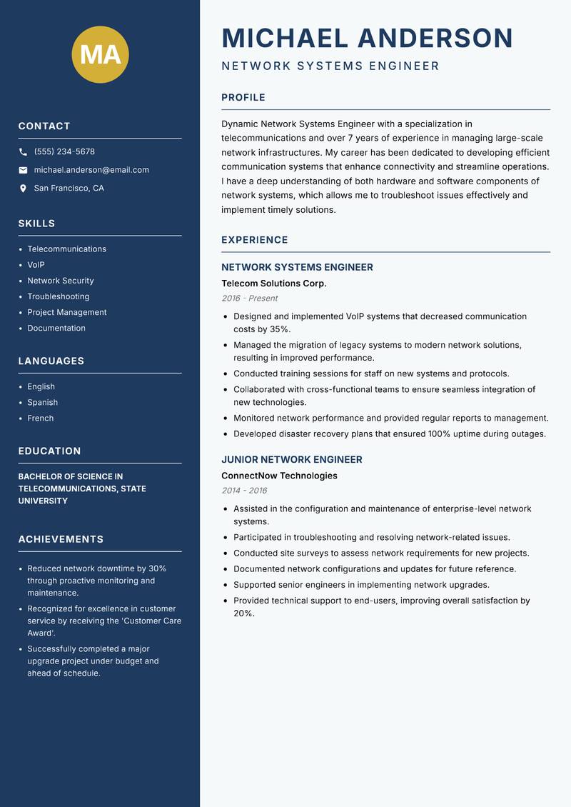Network Systems Engineer resume sample — Network Systems Engineer focus