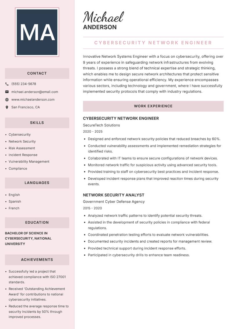 Network Systems Engineer resume sample — Cybersecurity Network Engineer focus