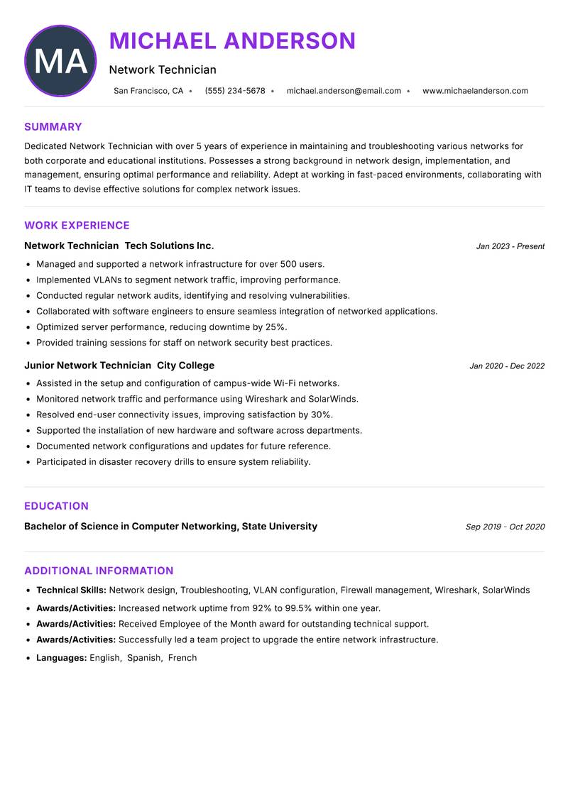 Network Technician resume example