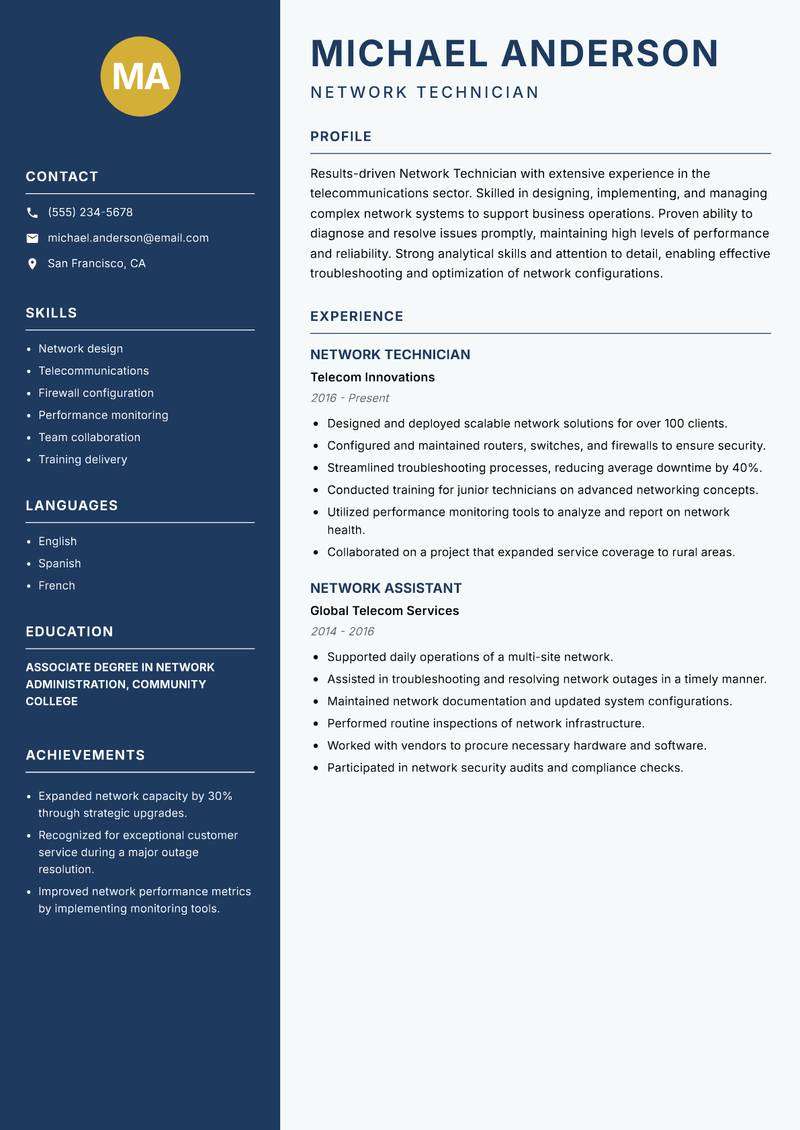 Network Technician resume sample — Network Technician focus