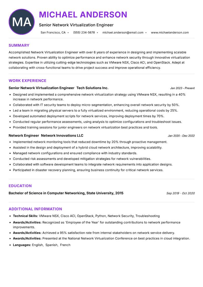 Network Virtualization Engineer resume example