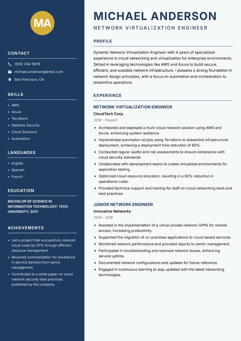 Network Virtualization Engineer resume sample — Network Virtualization Engineer focus