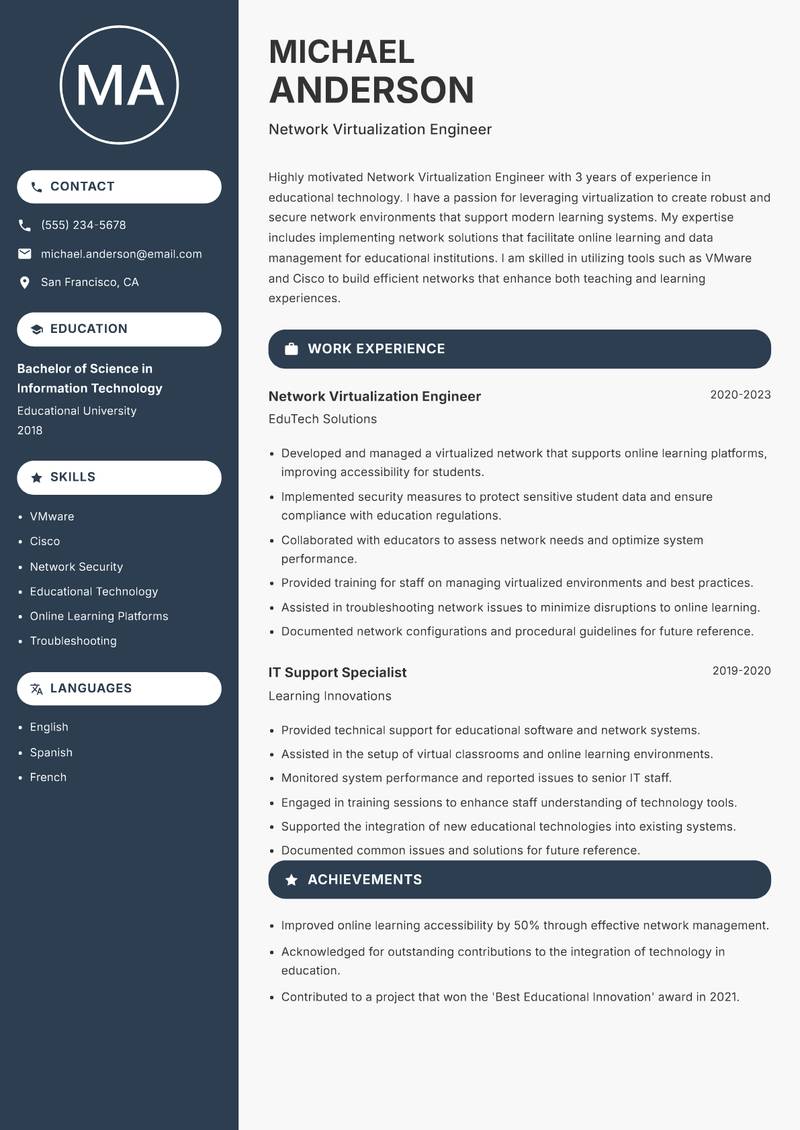 Network Virtualization Engineer resume sample — Network Virtualization Engineer focus
