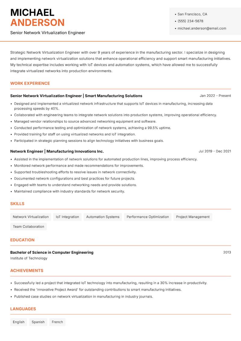 Network Virtualization Engineer resume sample — Senior Network Virtualization Engineer focus