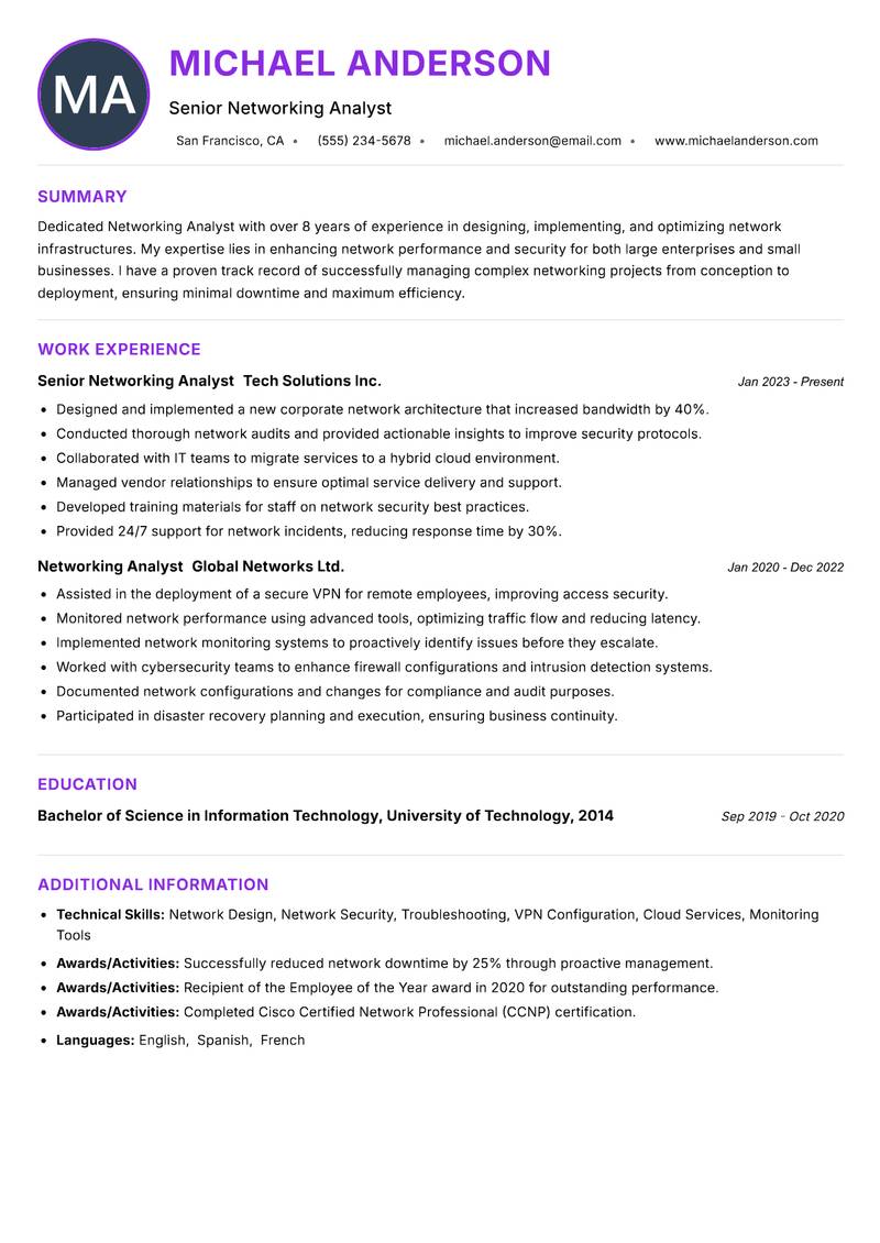 Networking Analyst resume example