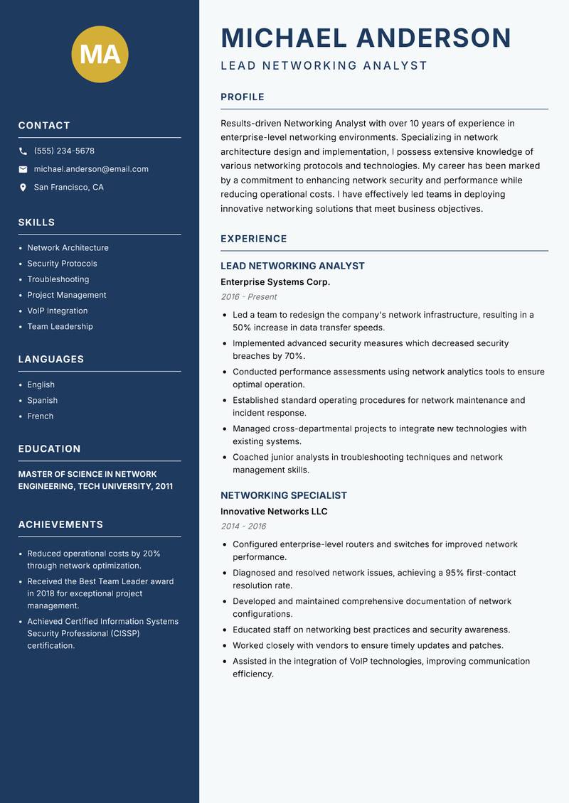 Networking Analyst resume sample — Lead Networking Analyst focus