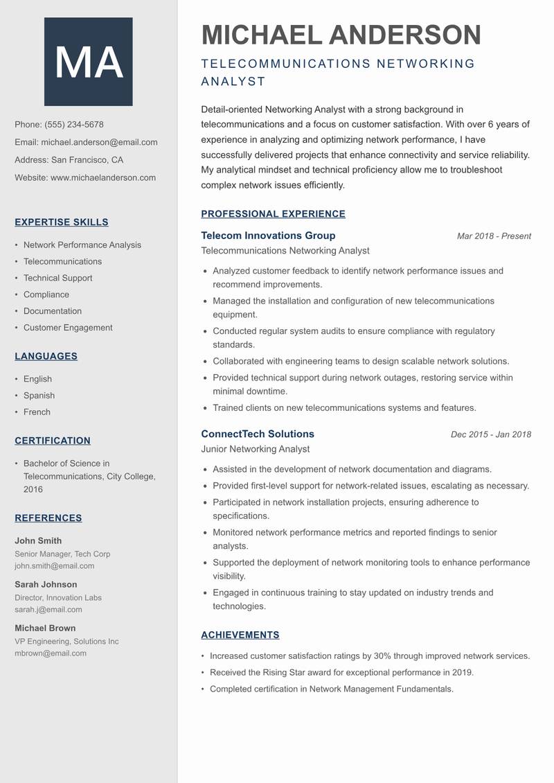 Networking Analyst resume sample — Telecommunications Networking Analyst focus