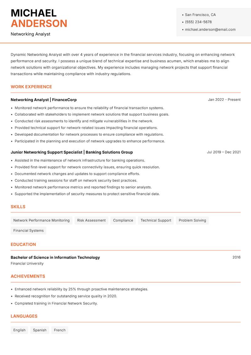 Networking Analyst resume sample — Networking Analyst focus