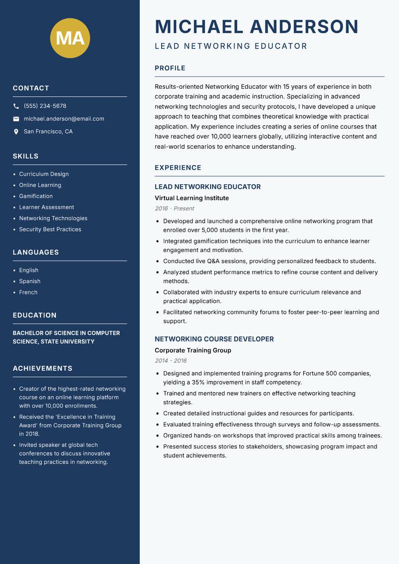 Networking Educator resume sample — Lead Networking Educator focus