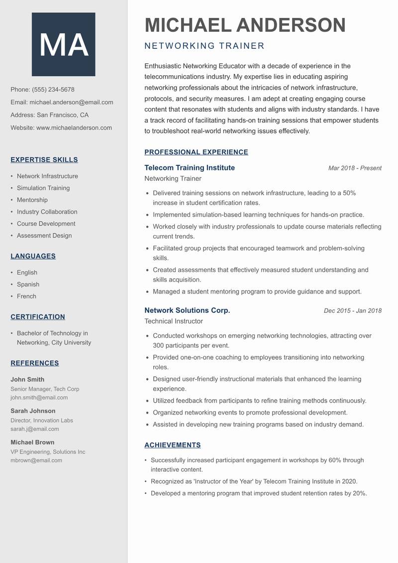 Networking Educator resume sample — Networking Trainer focus