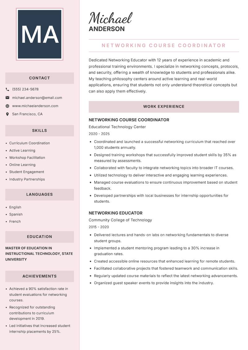 Networking Educator resume sample — Networking Course Coordinator focus