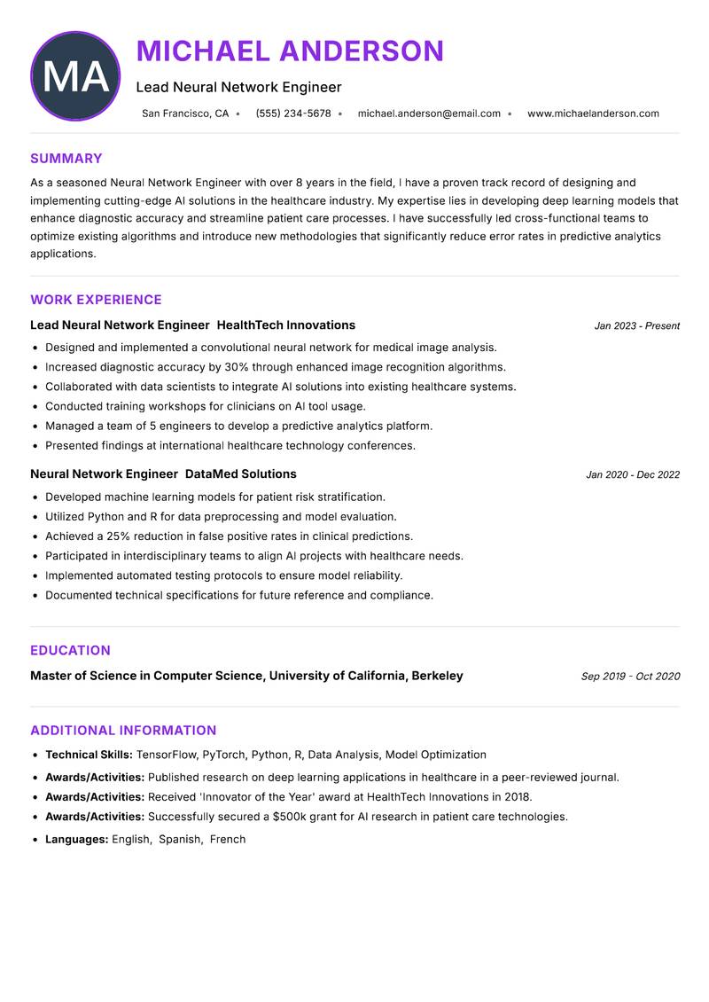 Neural Network Engineer resume example