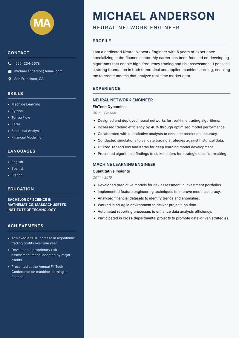 Neural Network Engineer resume sample — Neural Network Engineer focus