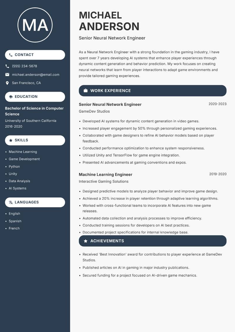 Neural Network Engineer resume sample — Senior Neural Network Engineer focus
