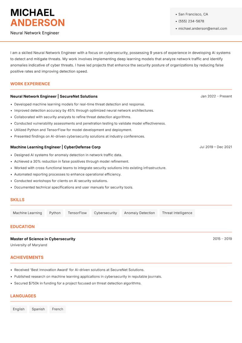 Neural Network Engineer resume sample — Neural Network Engineer focus