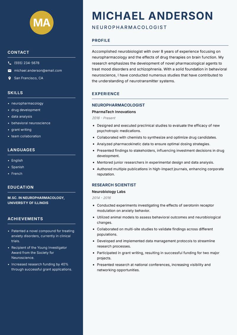 Neurobiologist resume sample — Neuropharmacologist focus