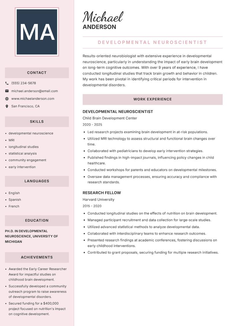 Neurobiologist resume sample — Developmental Neuroscientist focus