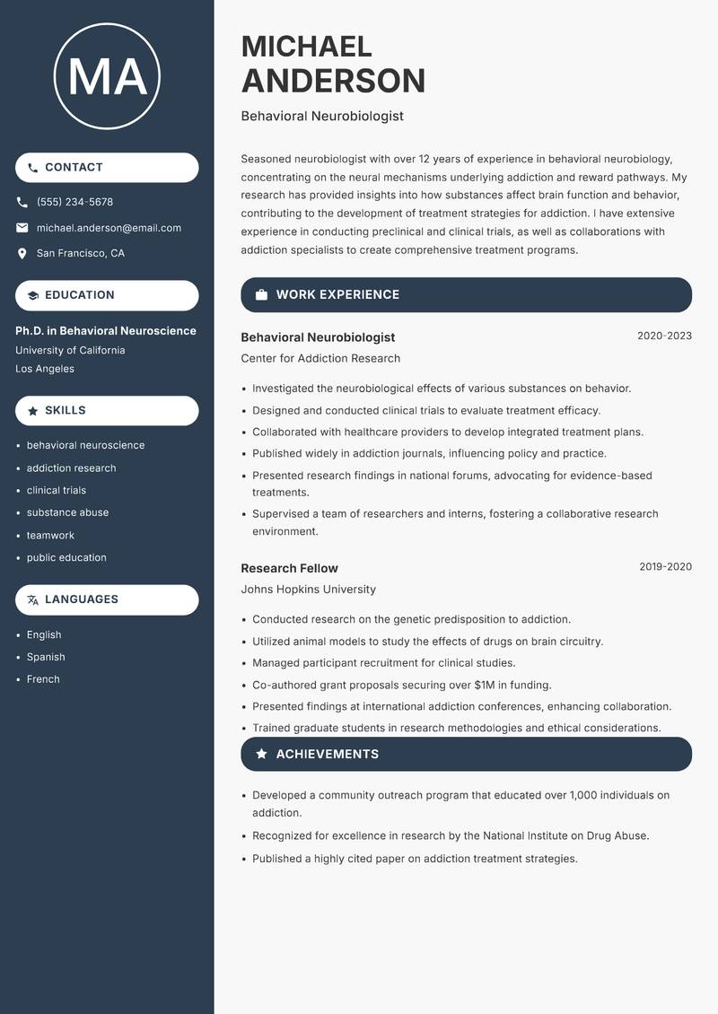 Neurobiologist resume sample — Behavioral Neurobiologist focus