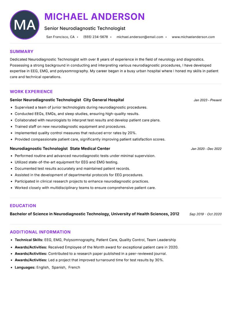 Neurodiagnostic Technologist resume example