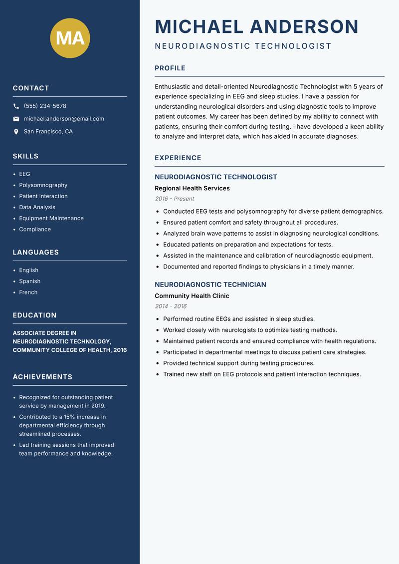 Neurodiagnostic Technologist resume sample — Neurodiagnostic Technologist focus