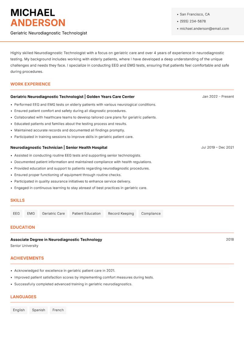 Neurodiagnostic Technologist resume sample — Geriatric Neurodiagnostic Technologist focus