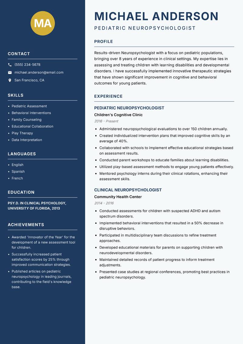Neuropsychologist resume sample — Pediatric Neuropsychologist focus