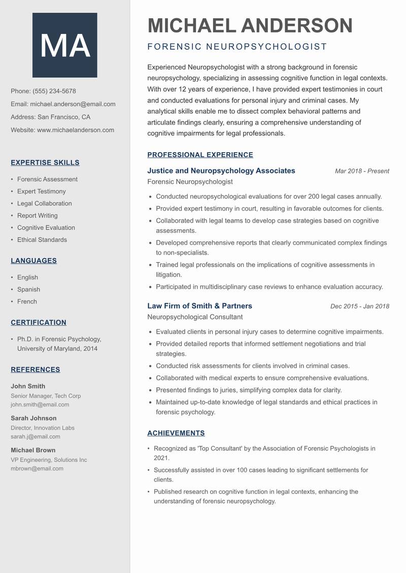 Neuropsychologist resume sample — Forensic Neuropsychologist focus