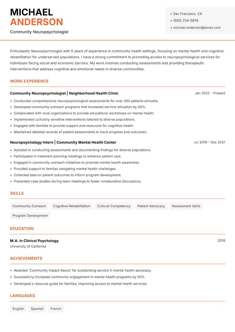 Neuropsychologist resume sample — Community Neuropsychologist focus
