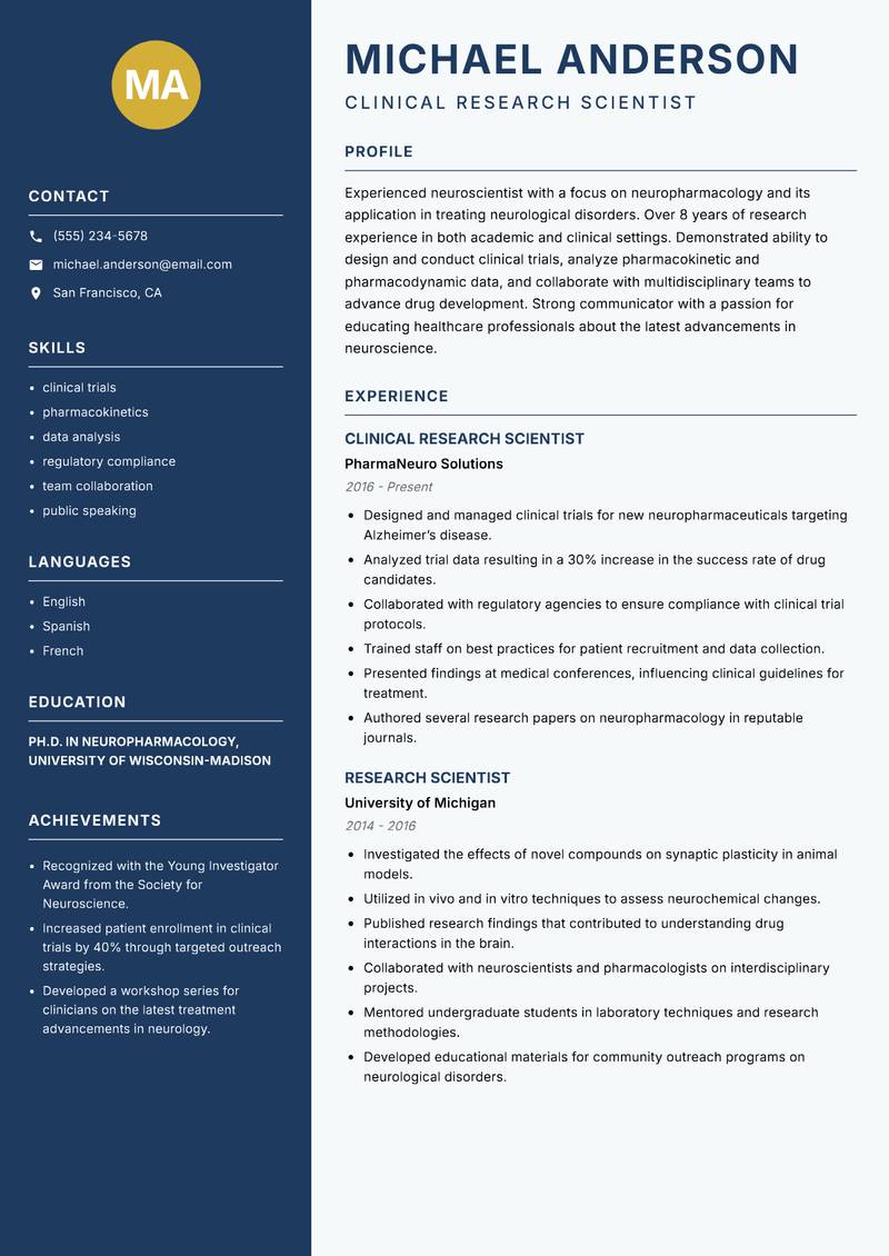 Neuroscientist resume sample — Clinical Research Scientist focus