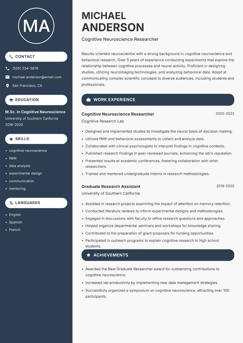 Neuroscientist resume sample — Cognitive Neuroscience Researcher focus