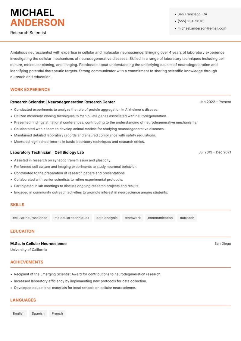 Neuroscientist resume sample — Research Scientist focus