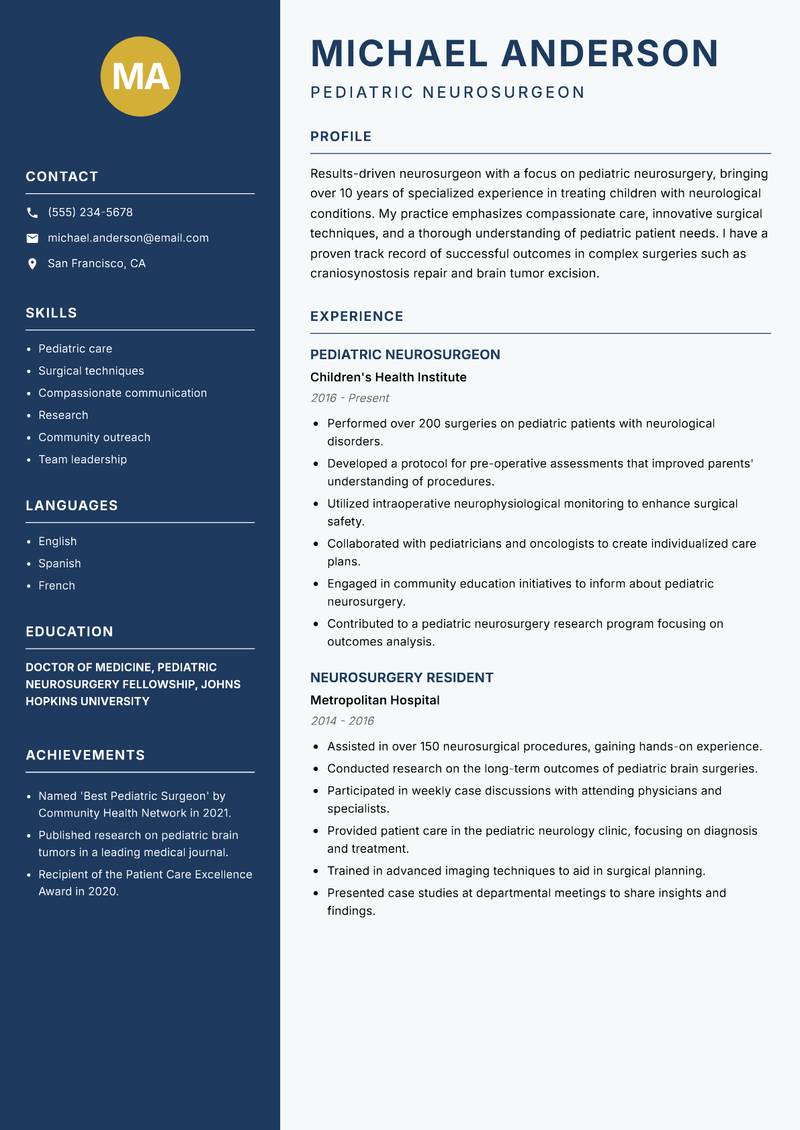Neurosurgeon resume sample — Pediatric Neurosurgeon focus