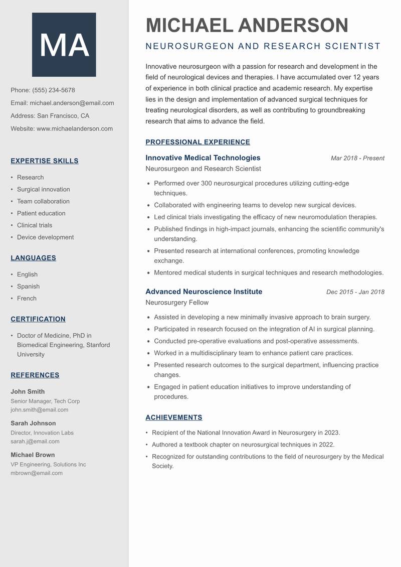 Neurosurgeon resume sample — Neurosurgeon and Research Scientist focus