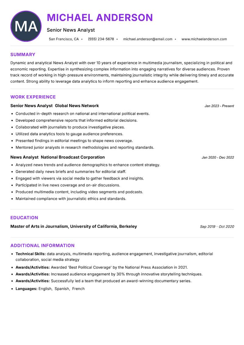 News Analyst resume example