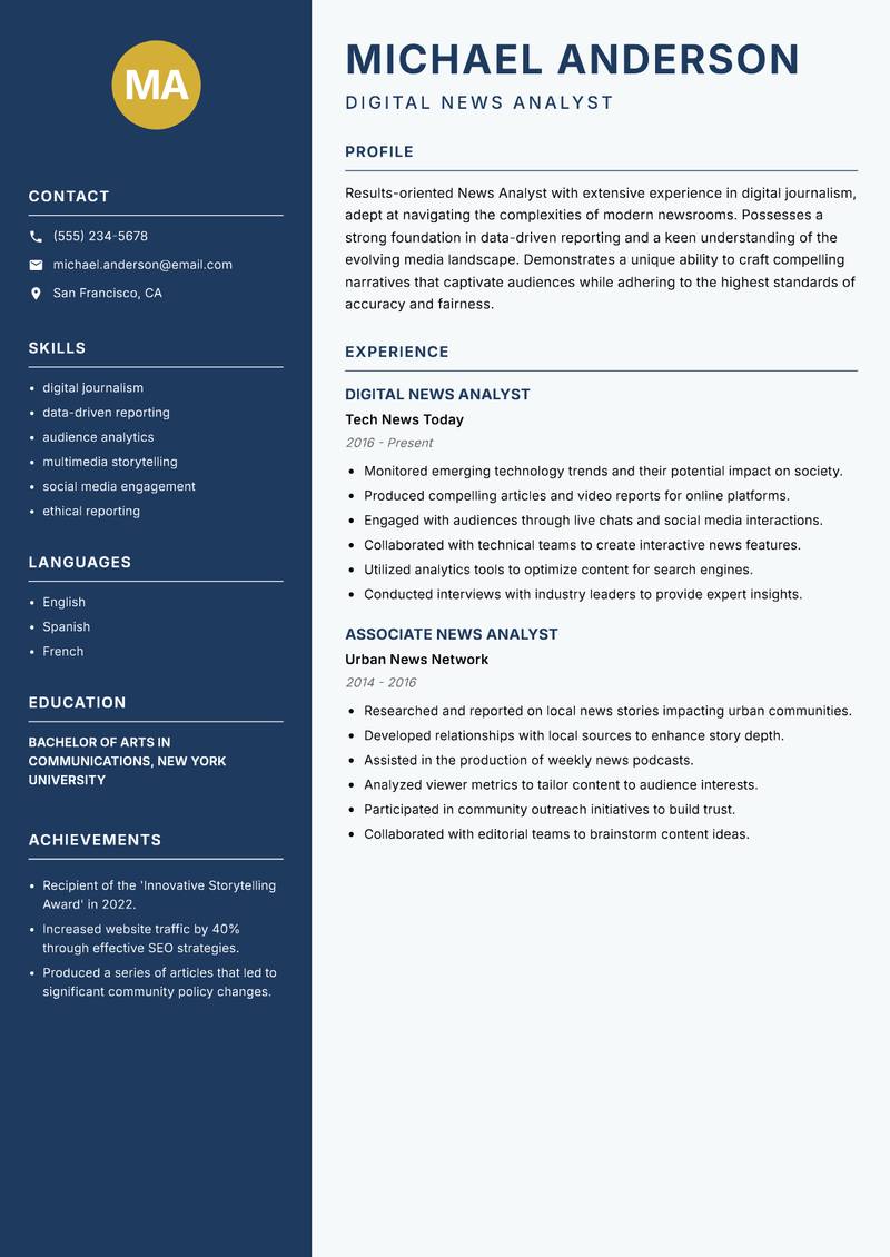 News Analyst resume sample — Digital News Analyst focus