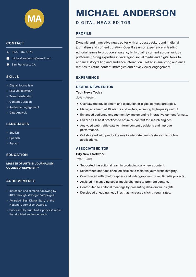 News Editor resume sample — Digital News Editor focus