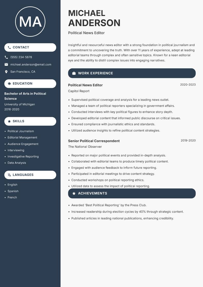 News Editor resume sample — Political News Editor focus